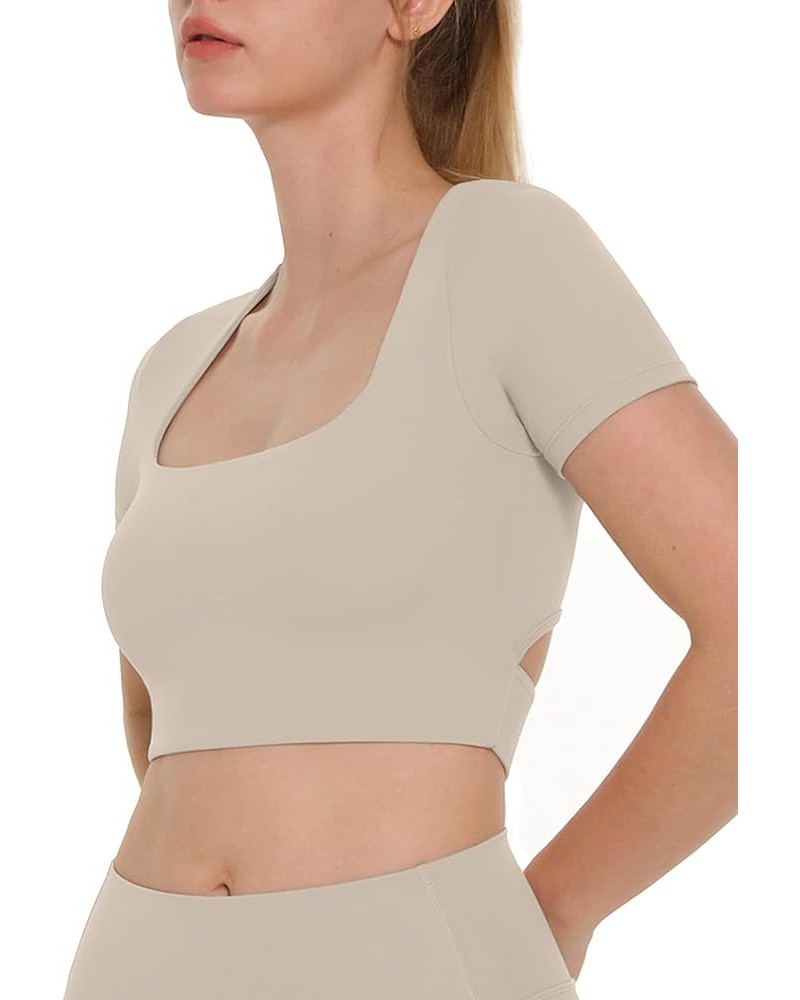 Women's Workout Crop Tops Yoga Tight T-Shirts Square Neck with Pad Bra Compression Tee Cream Feeling Short Sleeves Khaki $16....