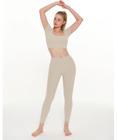 Women's Workout Crop Tops Yoga Tight T-Shirts Square Neck with Pad Bra Compression Tee Cream Feeling Short Sleeves Khaki $16....