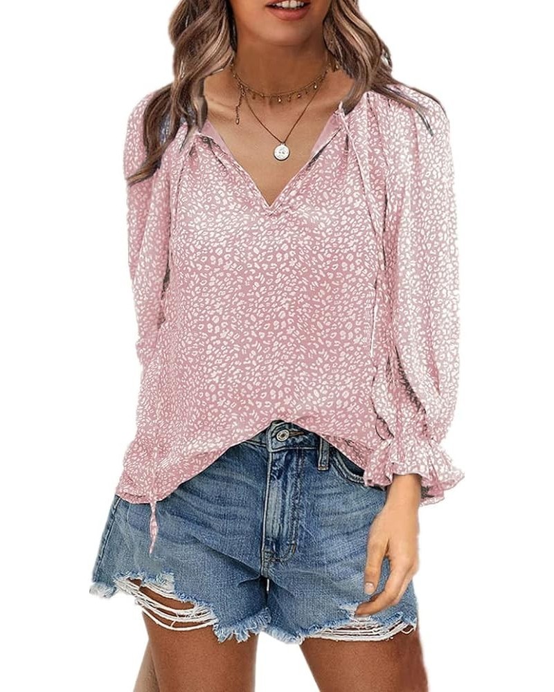 Women's Long Sleeve V Neck Cute Floral Chiffon Shirt Flowy Tunic Tops Summer Loose T-Shirt Pink $15.63 Tops