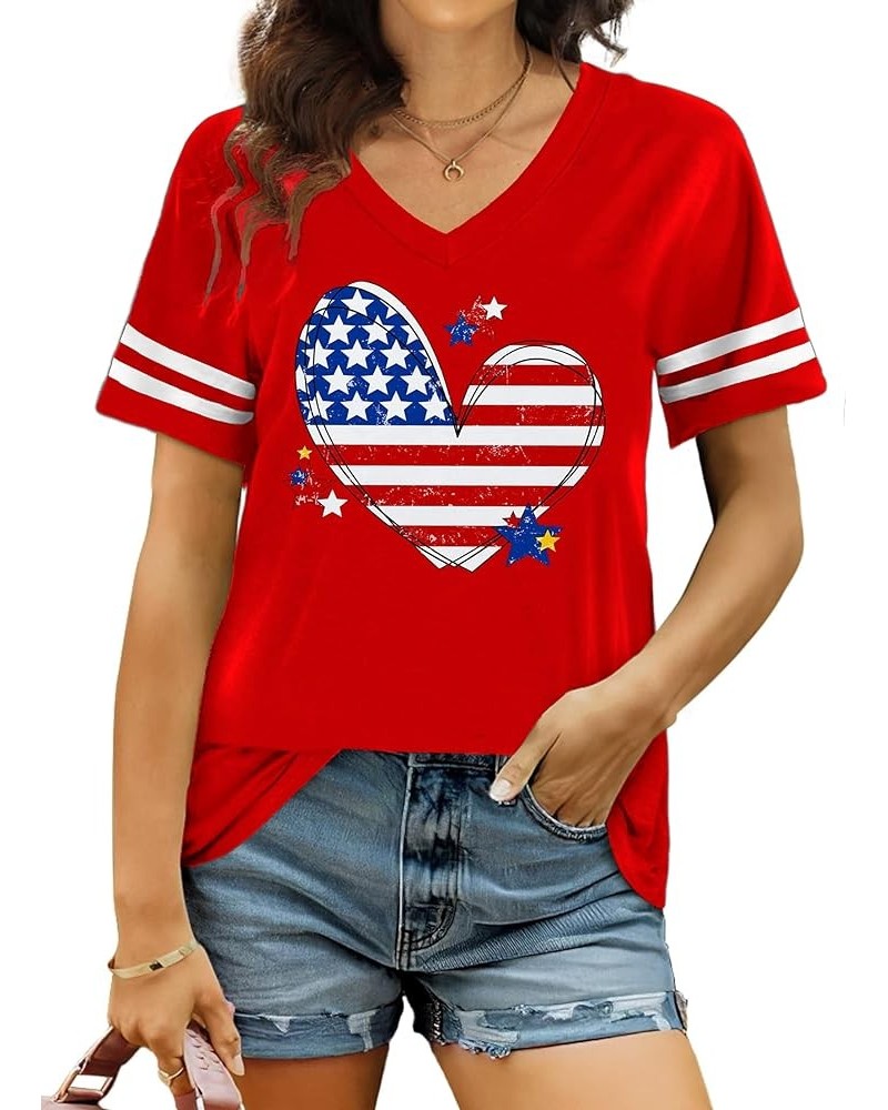 American Flag Shirts Women Patriotic Shirt 4th of July Tee Tops V-Neck Short Sleeve Summer T-Shirt Red3 $8.84 T-Shirts