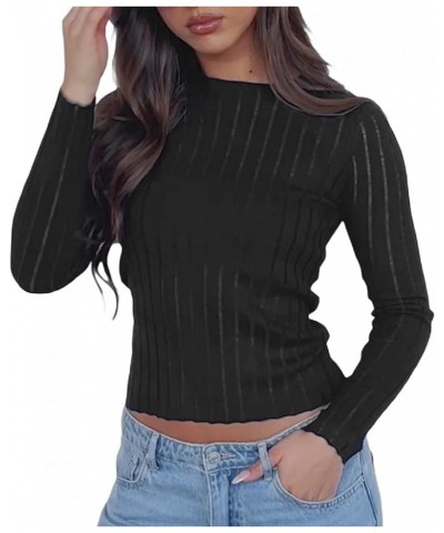 Women's Sheer Mesh Tops Y2k See Through Knit Sweater Sexy Long Sleeve Crew Neck Shirt Solid Loose Fit Knitted Pullover B Blac...