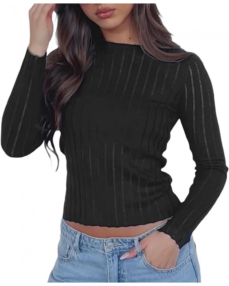 Women's Sheer Mesh Tops Y2k See Through Knit Sweater Sexy Long Sleeve Crew Neck Shirt Solid Loose Fit Knitted Pullover B Blac...