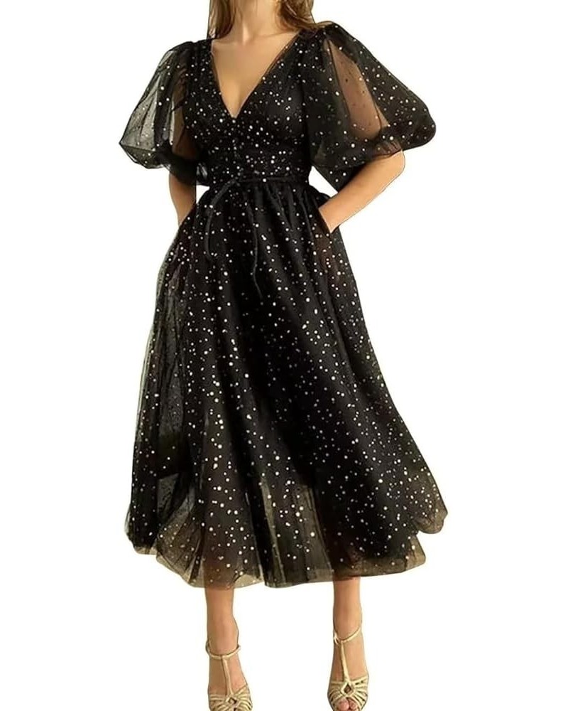 Women's Sparkle Starry Tulle Prom Dress Formal Puffy Sleeve Party Gown with Slit B-black $29.49 Dresses