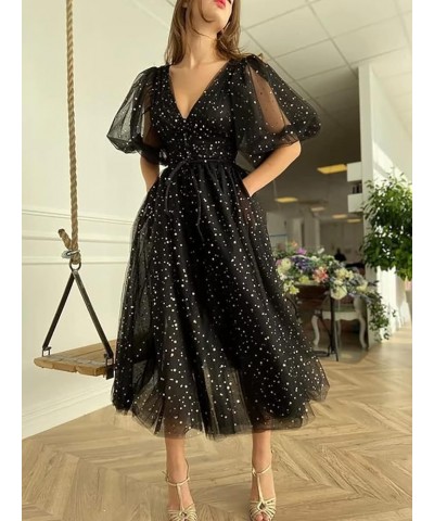 Women's Sparkle Starry Tulle Prom Dress Formal Puffy Sleeve Party Gown with Slit B-black $29.49 Dresses