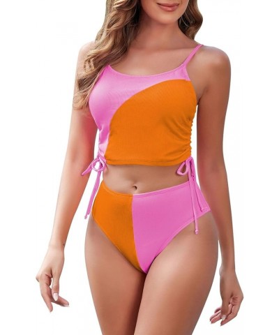 Women's 2 Piece Swimsuit Scoop Neck Ribbed Drawstring Ruched Crop Top High Waisted Bikini Sets Bathing Suit Pink & Orange $14...