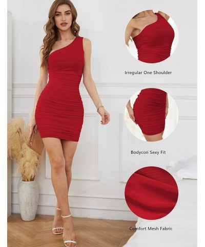 Women's One Shoulder Ruched Bodycon Mini Dress Puff Long Sleeve/Sleeveless Sexy Club Cocktail Party Short Dress Red S $23.39 ...