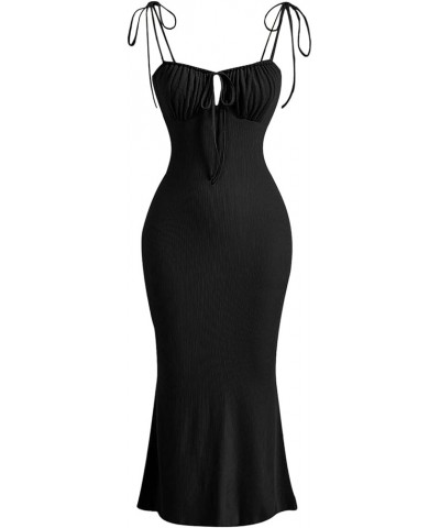 Women's Ruched Knot Front Tie Shoulder Sleeveless Fishtail Bodycon Cami Dress Black $20.39 Dresses