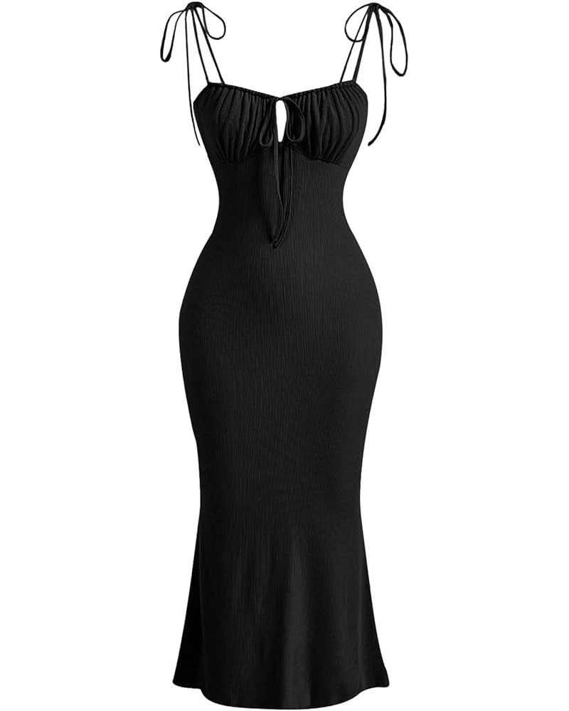 Women's Ruched Knot Front Tie Shoulder Sleeveless Fishtail Bodycon Cami Dress Black $20.39 Dresses