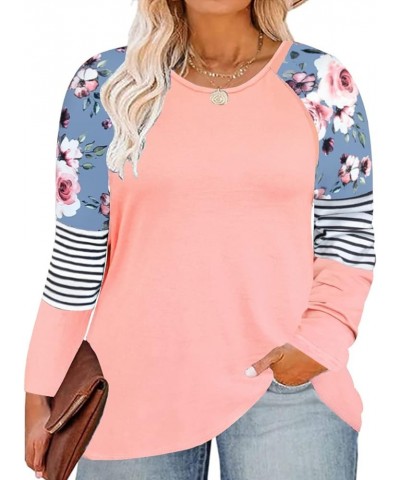 Plus Size Shirts Women Raglan Long Sleeve Color Block Tops Fall XL-5XL 9_ B4_ Stripes _ Pink Floral $13.64 Tops