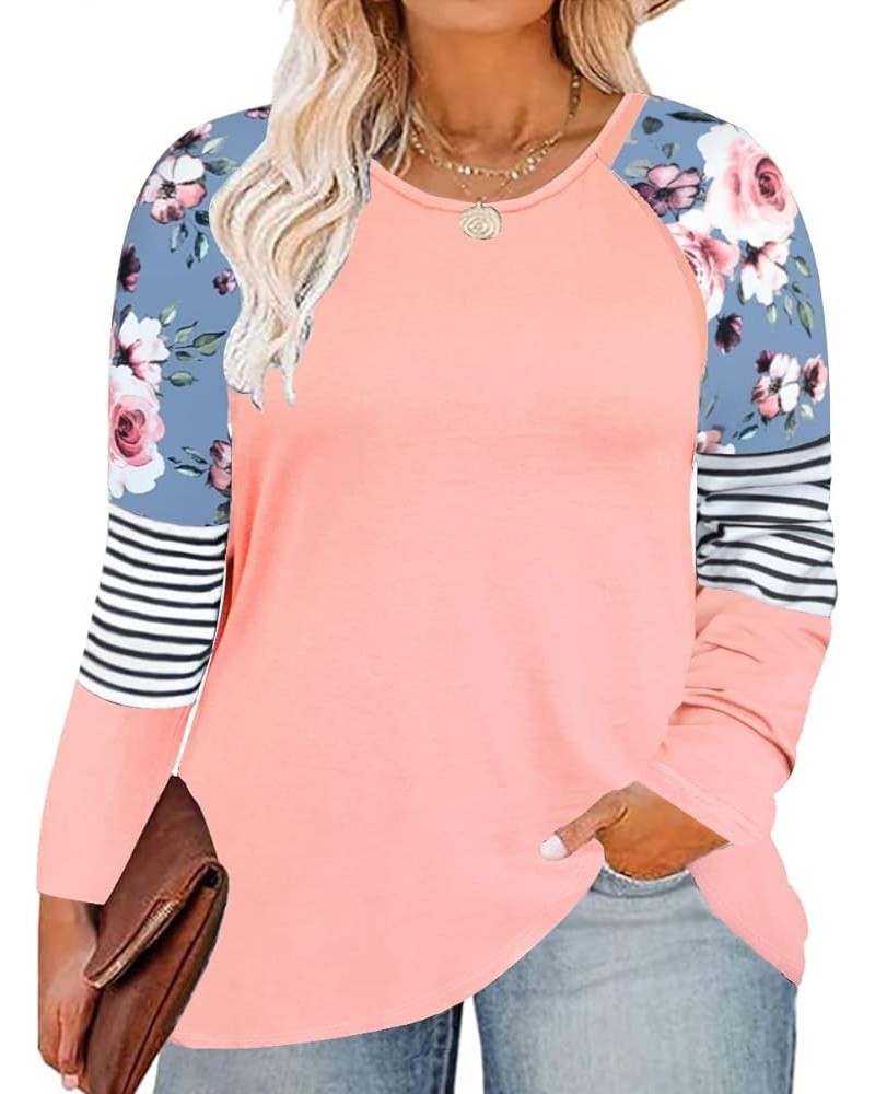 Plus Size Shirts Women Raglan Long Sleeve Color Block Tops Fall XL-5XL 9_ B4_ Stripes _ Pink Floral $13.64 Tops