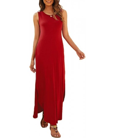 Women's Casual Summer Sleeveless Dress Loose Split Maxi Dresses with Pockets Wine Red $16.72 Dresses