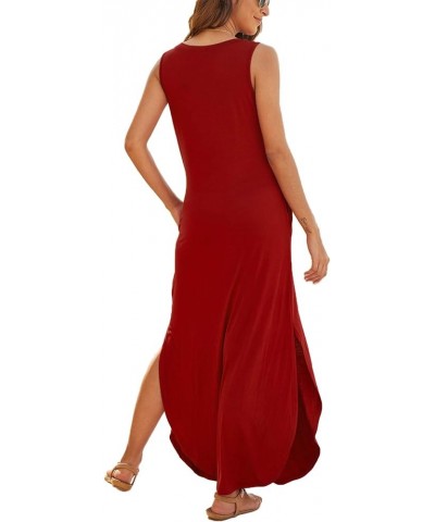 Women's Casual Summer Sleeveless Dress Loose Split Maxi Dresses with Pockets Wine Red $16.72 Dresses