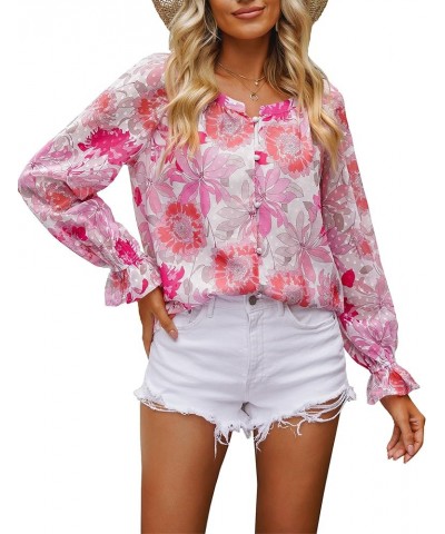 luvamia Blouses for Women Dressy Casual Button Down Blouse Floral Peasant Tops Lantern Ruffle Long Sleeve Shirts Hot Pink Flo...