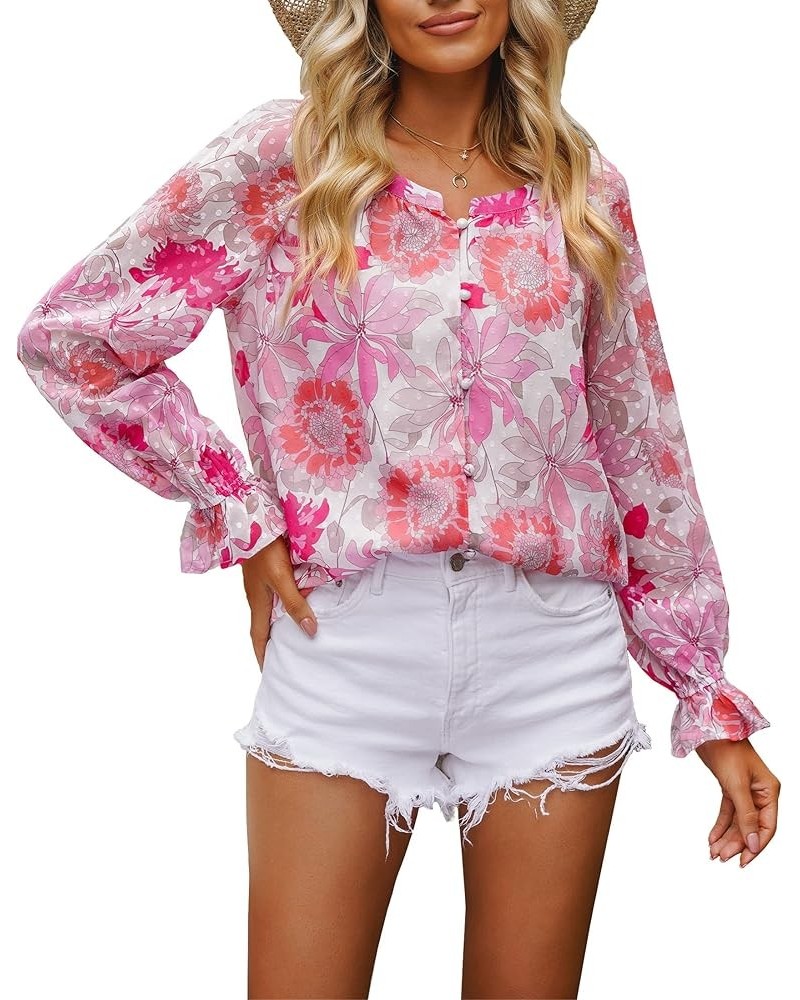 luvamia Blouses for Women Dressy Casual Button Down Blouse Floral Peasant Tops Lantern Ruffle Long Sleeve Shirts Hot Pink Flo...