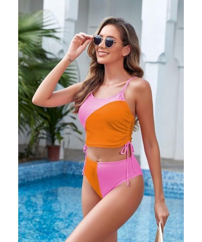 Women's 2 Piece Swimsuit Scoop Neck Ribbed Drawstring Ruched Crop Top High Waisted Bikini Sets Bathing Suit Pink & Orange $14...
