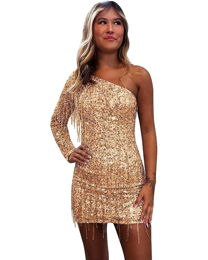 One Shoulder Homecoming Dresses with Sleeves Tight Short Prom Dress for Teens Sequin Cocktail Party Gown Champagne $26.46 Dre...