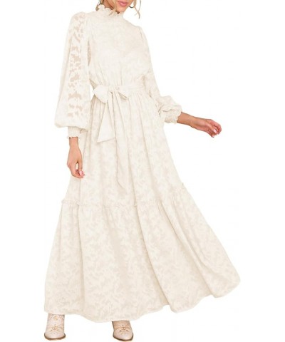 Women's Fall Dresses Elegant Floral High Neck Long Sleeve Elastic Waist Formal Maxi Dress with Belt Beige $29.69 Dresses