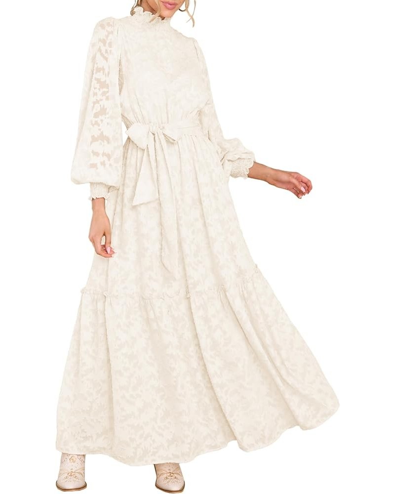 Women's Fall Dresses Elegant Floral High Neck Long Sleeve Elastic Waist Formal Maxi Dress with Belt Beige $29.69 Dresses