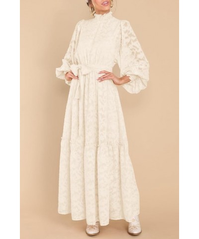 Women's Fall Dresses Elegant Floral High Neck Long Sleeve Elastic Waist Formal Maxi Dress with Belt Beige $29.69 Dresses