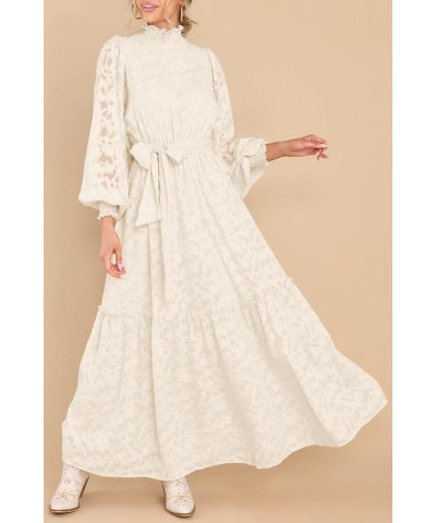 Women's Fall Dresses Elegant Floral High Neck Long Sleeve Elastic Waist Formal Maxi Dress with Belt Beige $29.69 Dresses