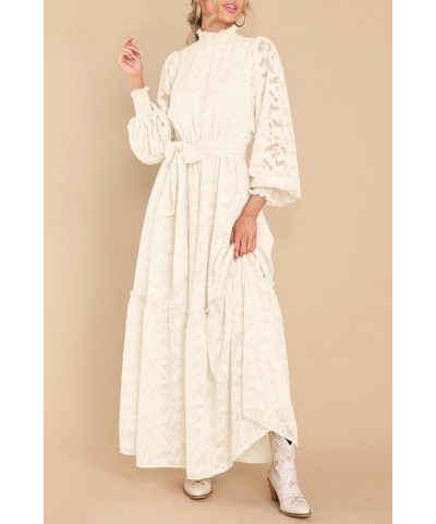 Women's Fall Dresses Elegant Floral High Neck Long Sleeve Elastic Waist Formal Maxi Dress with Belt Beige $29.69 Dresses