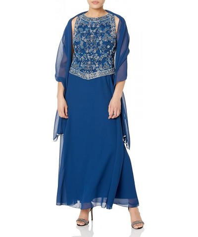 Women's Petite Long Beaded V Trim Detail Gown with Scarf Cobalt/Multi $58.52 Dresses