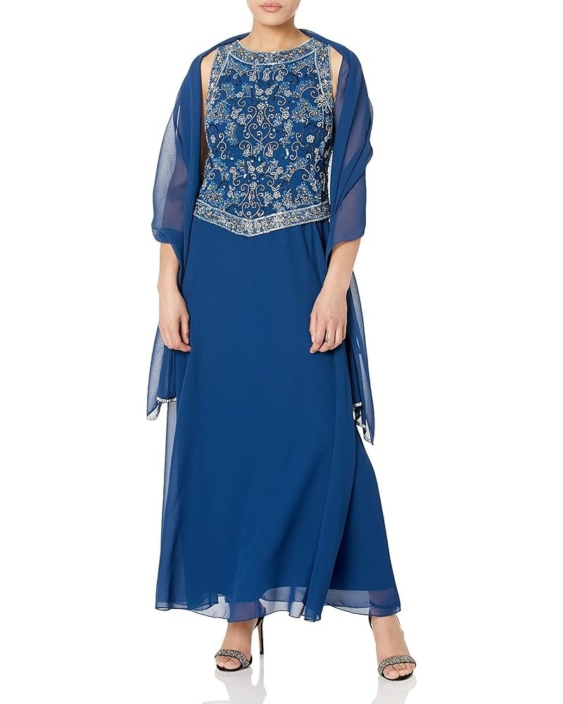 Women's Petite Long Beaded V Trim Detail Gown with Scarf Cobalt/Multi $58.52 Dresses