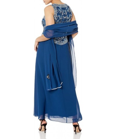 Women's Petite Long Beaded V Trim Detail Gown with Scarf Cobalt/Multi $58.52 Dresses