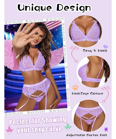 Women Garter Lingerie Set 3 Piece Lace Bra and Panty Set with Garter Blet Sexy Bralette Set Light Purple $12.03 Lingerie