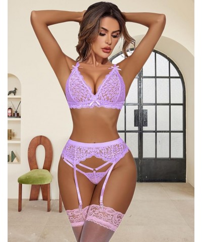 Women Garter Lingerie Set 3 Piece Lace Bra and Panty Set with Garter Blet Sexy Bralette Set Light Purple $12.03 Lingerie