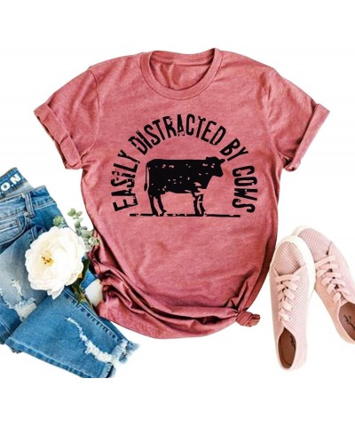 Cow Shirt for Women Farm Tshirts Easily Distracted by Cows Bleached Cow Print Shirt Country Short Sleeve Tops Dark Pink $12.9...