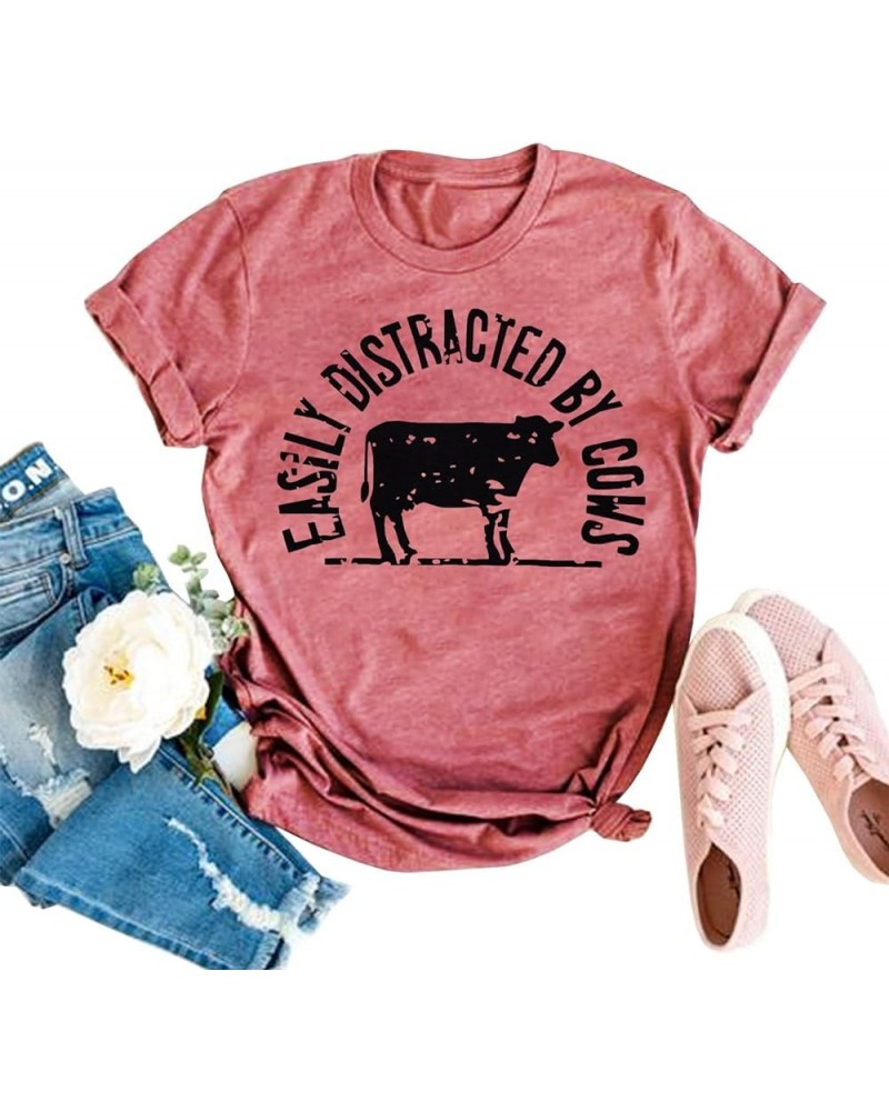 Cow Shirt for Women Farm Tshirts Easily Distracted by Cows Bleached Cow Print Shirt Country Short Sleeve Tops Dark Pink $12.9...