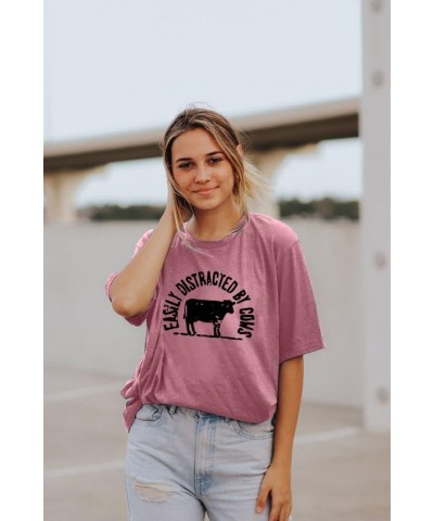 Cow Shirt for Women Farm Tshirts Easily Distracted by Cows Bleached Cow Print Shirt Country Short Sleeve Tops Dark Pink $12.9...