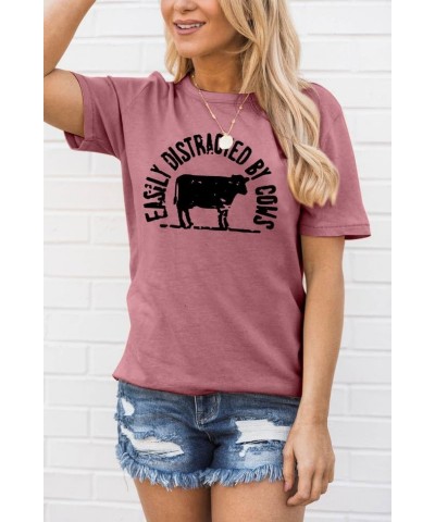 Cow Shirt for Women Farm Tshirts Easily Distracted by Cows Bleached Cow Print Shirt Country Short Sleeve Tops Dark Pink $12.9...