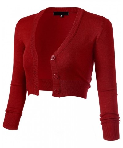Women's Solid Button Down 3/4 Sleeve Cropped Bolero Cardigans (S-4XL) Red $18.47 Sweaters
