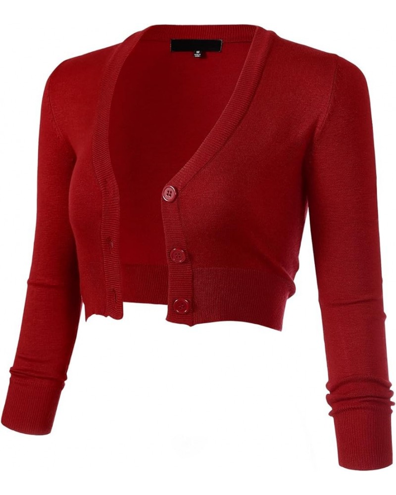 Women's Solid Button Down 3/4 Sleeve Cropped Bolero Cardigans (S-4XL) Red $18.47 Sweaters