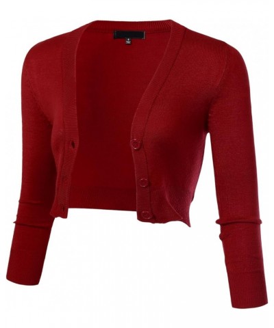 Women's Solid Button Down 3/4 Sleeve Cropped Bolero Cardigans (S-4XL) Red $18.47 Sweaters