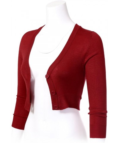 Women's Solid Button Down 3/4 Sleeve Cropped Bolero Cardigans (S-4XL) Red $18.47 Sweaters