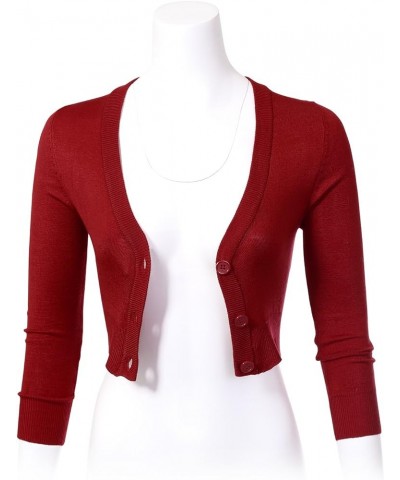 Women's Solid Button Down 3/4 Sleeve Cropped Bolero Cardigans (S-4XL) Red $18.47 Sweaters