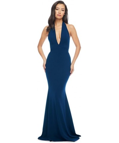 Women's Camden Deep Plunge Neckline Halter Bodycon Maxi Dress Peacock Blue $62.42 Dresses