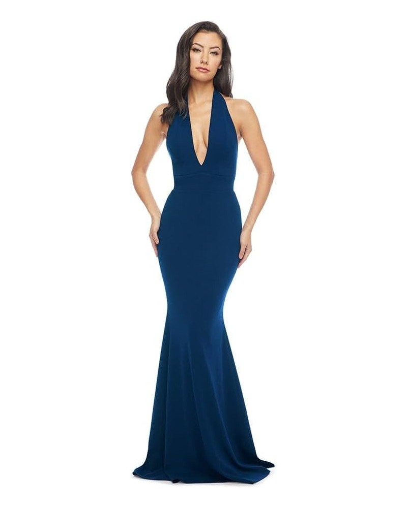 Women's Camden Deep Plunge Neckline Halter Bodycon Maxi Dress Peacock Blue $62.42 Dresses