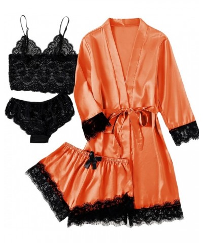 Women's 4pcs Sleepwear Satin Floral Lace Trim Cami Pajama Set with Robe Orange $17.66 Sleep & Lounge