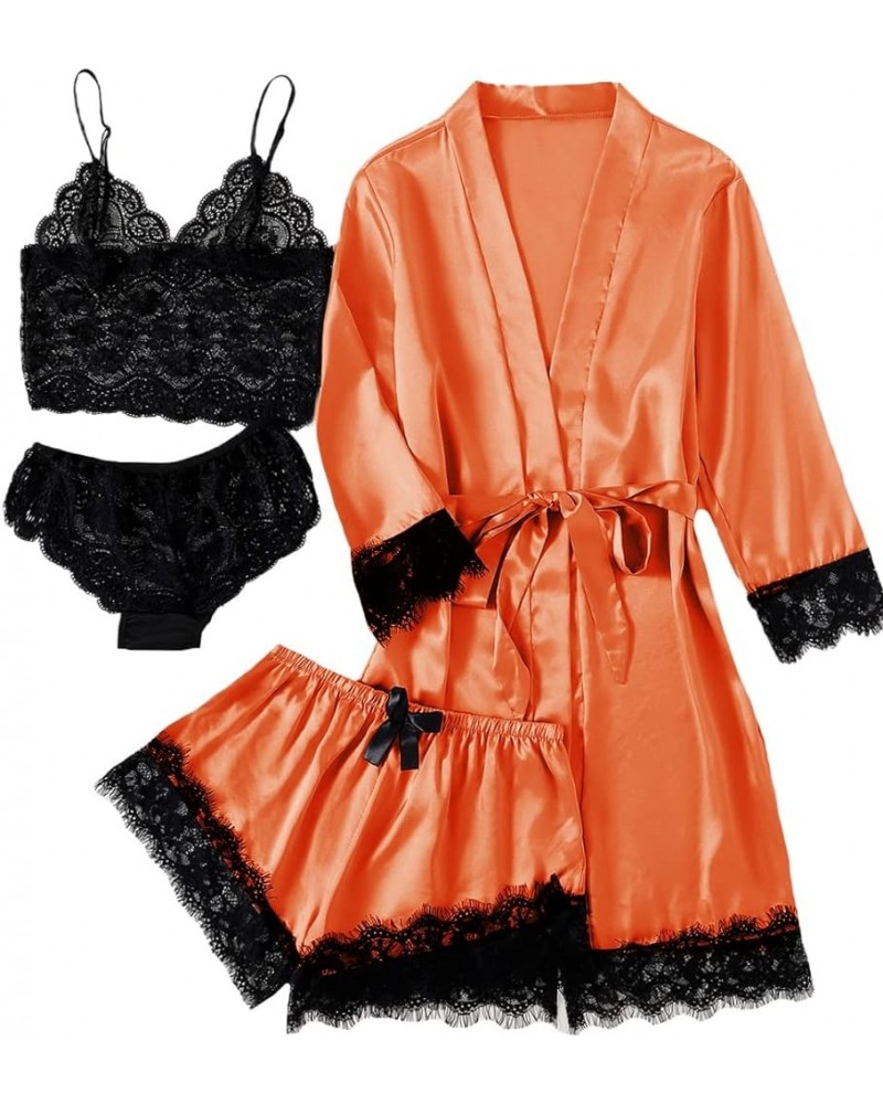 Women's 4pcs Sleepwear Satin Floral Lace Trim Cami Pajama Set with Robe Orange $17.66 Sleep & Lounge