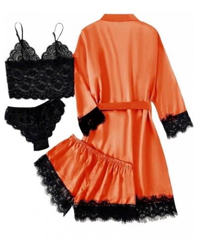 Women's 4pcs Sleepwear Satin Floral Lace Trim Cami Pajama Set with Robe Orange $17.66 Sleep & Lounge