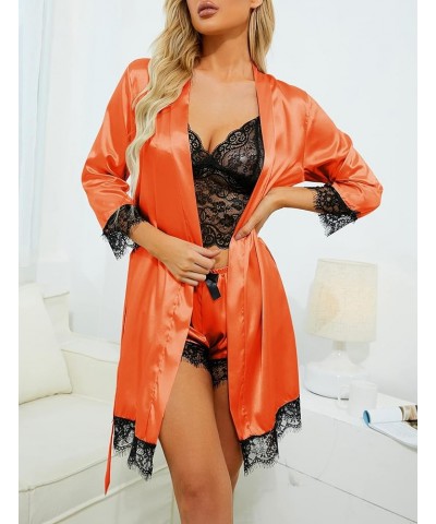 Women's 4pcs Sleepwear Satin Floral Lace Trim Cami Pajama Set with Robe Orange $17.66 Sleep & Lounge