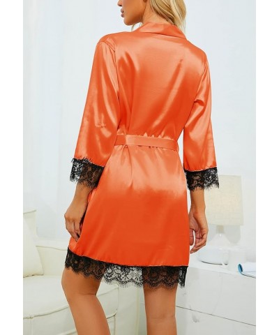 Women's 4pcs Sleepwear Satin Floral Lace Trim Cami Pajama Set with Robe Orange $17.66 Sleep & Lounge