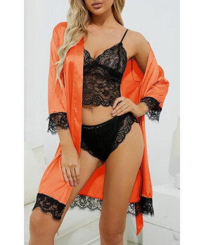 Women's 4pcs Sleepwear Satin Floral Lace Trim Cami Pajama Set with Robe Orange $17.66 Sleep & Lounge