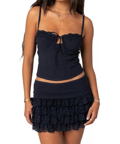 Women Lace Mesh Skirt Set Long Sleeve Tie-up Sheer Crop Top Low Waist Mini Bodycon Skirt Y2K Clubwear 2 Pcs Outfit C_ Black $...