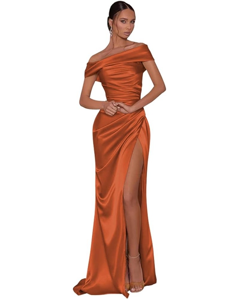 Women's Satin Bridesmaid Dresses Long Off The Shoulder Mermaid Prom Dress with Slit Formal Gowns Burnt Orange $28.60 Dresses