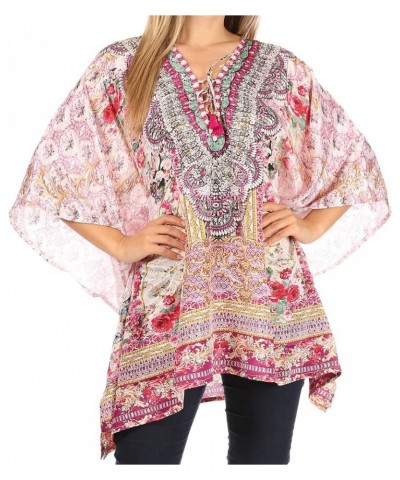 Aymee Women's Caftan Poncho Cover up V Neck Top Lace up with Rhinestone Orpi264-pink $24.29 Swimsuits